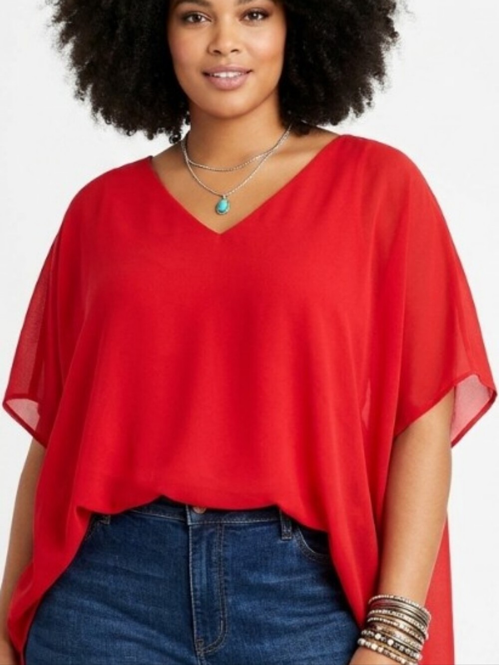 INC International Concepts Red V-Neck Draped Short Sleeve Blouse (2x)